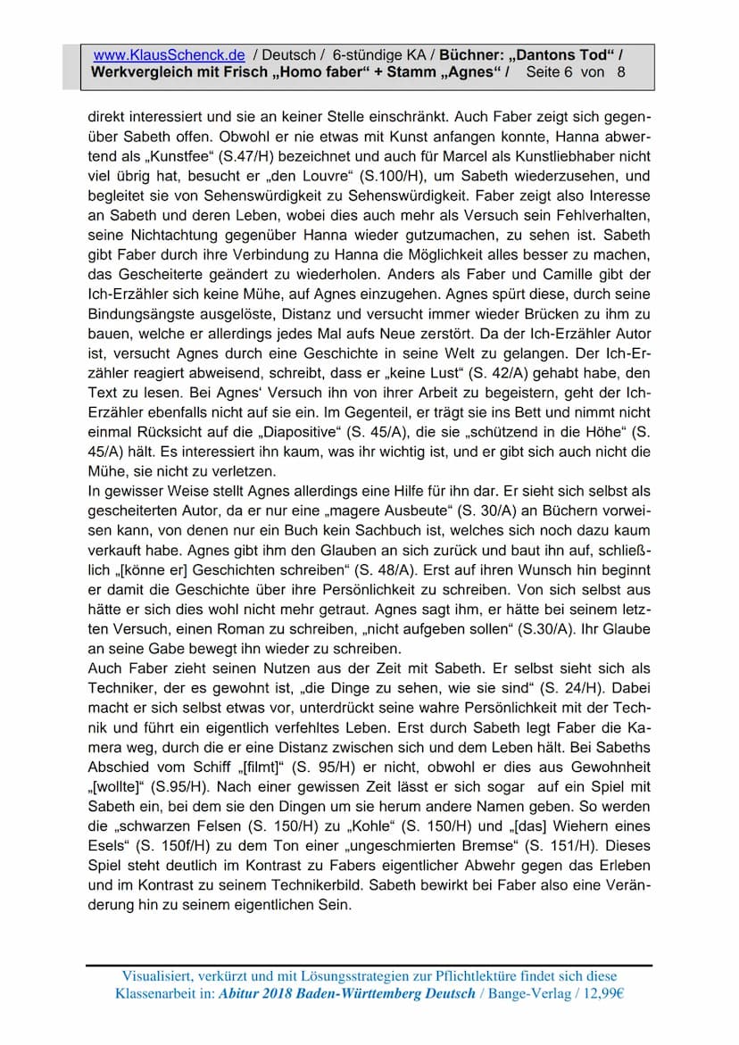 www.KlausSchenck.de / Deutsch / 6-stündige KA / Büchner: „Dantons Tod" /
Werkvergleich mit Frisch ,,Homo faber" + Stamm ,,Agnes" / Seite 1 v