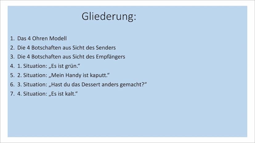 Das 4 Ohren Modell
Von Schulz von Thun
Sender
mit 4 Schnäbeln
Selbst-
kund-
gabe
Sachinhalt
Beziehungs-
hinweis
Appell
Empfänger
mit 4 Ohren