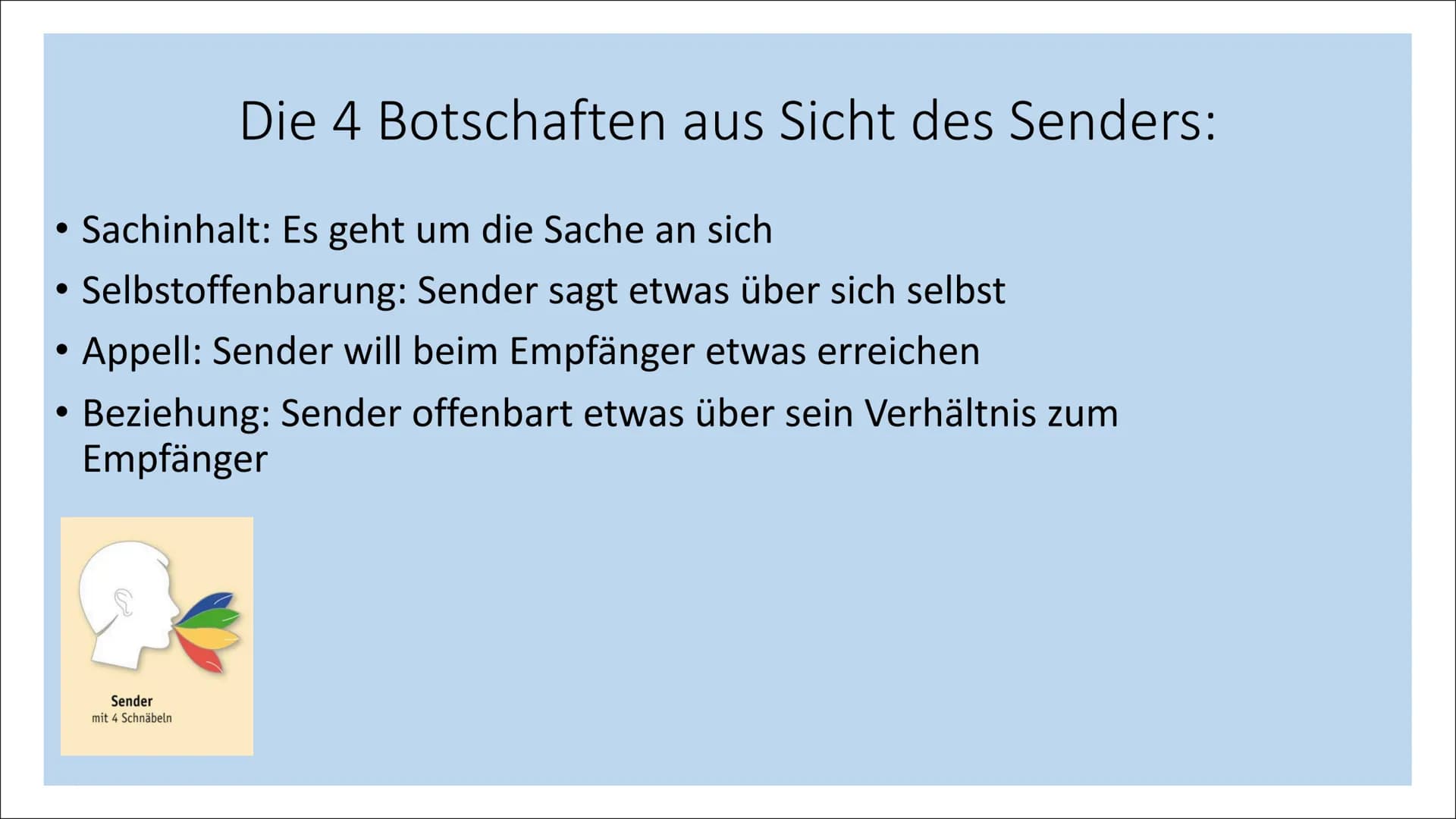 Das 4 Ohren Modell
Von Schulz von Thun
Sender
mit 4 Schnäbeln
Selbst-
kund-
gabe
Sachinhalt
Beziehungs-
hinweis
Appell
Empfänger
mit 4 Ohren