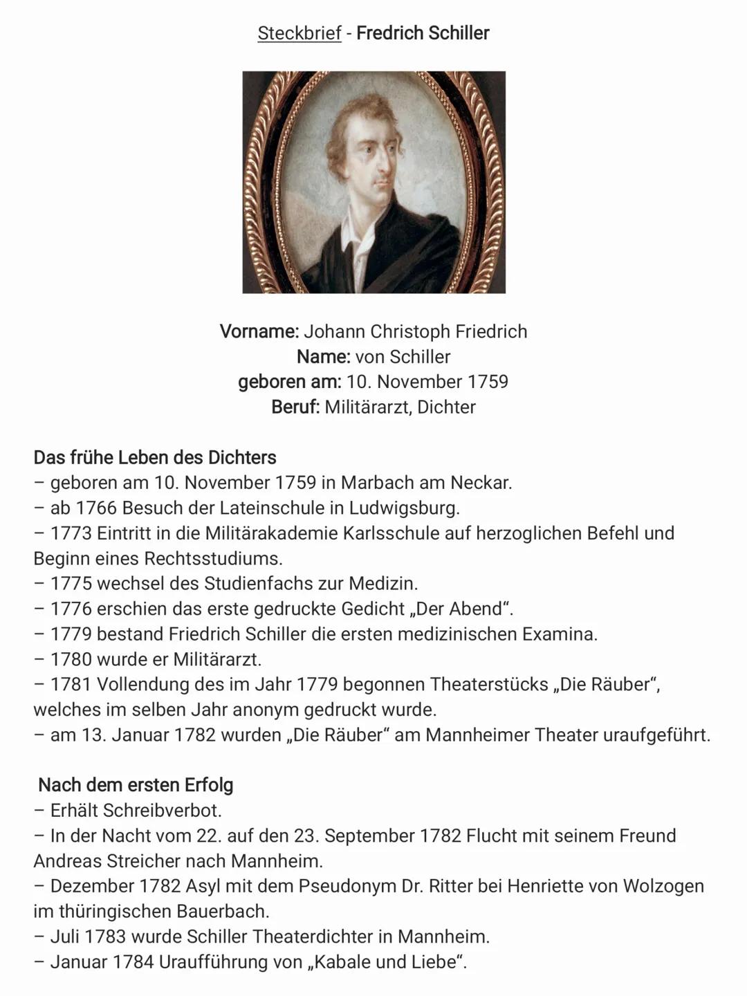 Steckbrief - Fredrich Schiller
Vorname: Johann Christoph Friedrich
Name: von Schiller
geboren am: 10. November 1759
Beruf: Militärarzt, Dich