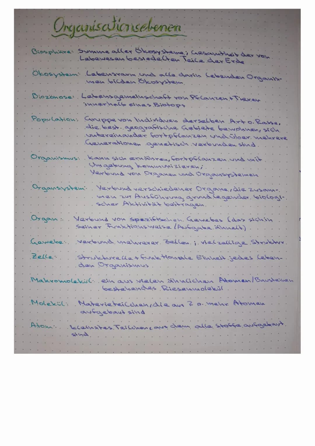 Organisationsebenen
Biosphäre: Summe aller Ökosysteme; Gesamtheit der
Lebewesen besiedelten Teile der Erde
Ökosystem: Lebensraum und alle da