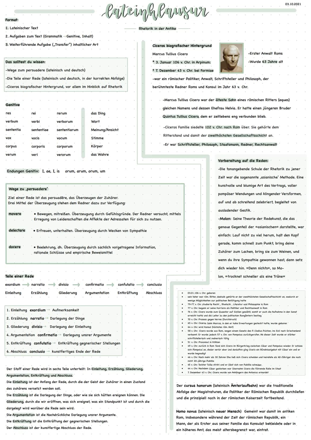 Format:
1. Lateinischer Text
2. Aufgaben zum Text (Grammatik-Genitive, Inhalt)
3. Weiterführende Aufgabe (,,Transfer") inhaltlicher Art
Das 