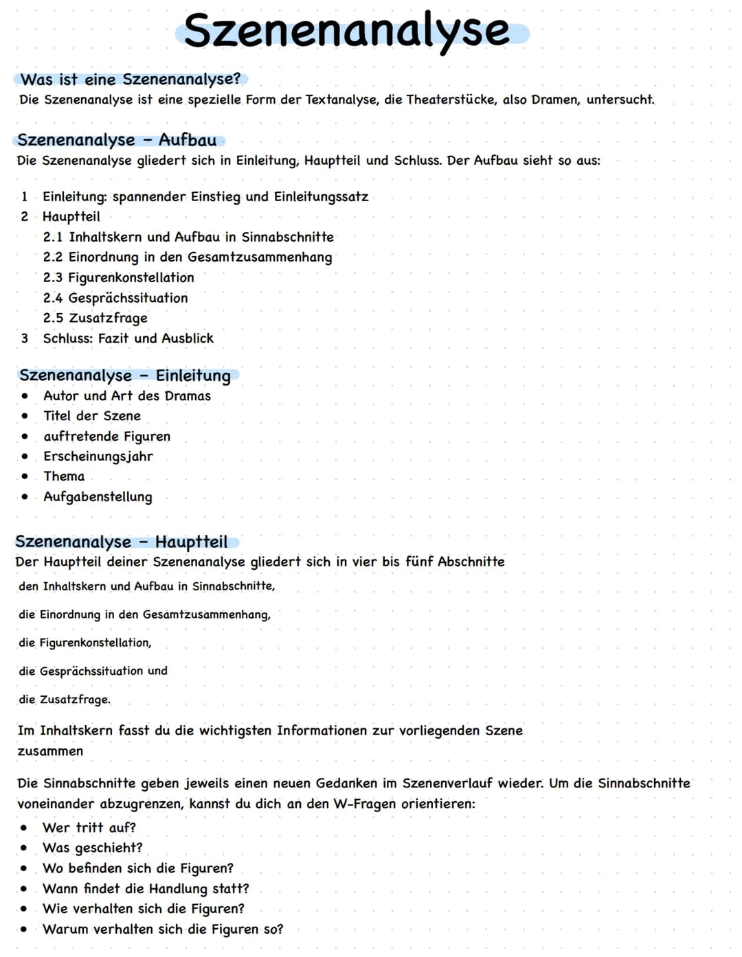 Was ist eine Szenenanalyse?
Die Szenenanalyse ist eine spezielle Form der Textanalyse, die Theaterstücke, also Dramen, untersucht.
Szenenana