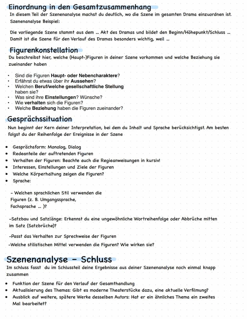 Was ist eine Szenenanalyse?
Die Szenenanalyse ist eine spezielle Form der Textanalyse, die Theaterstücke, also Dramen, untersucht.
Szenenana