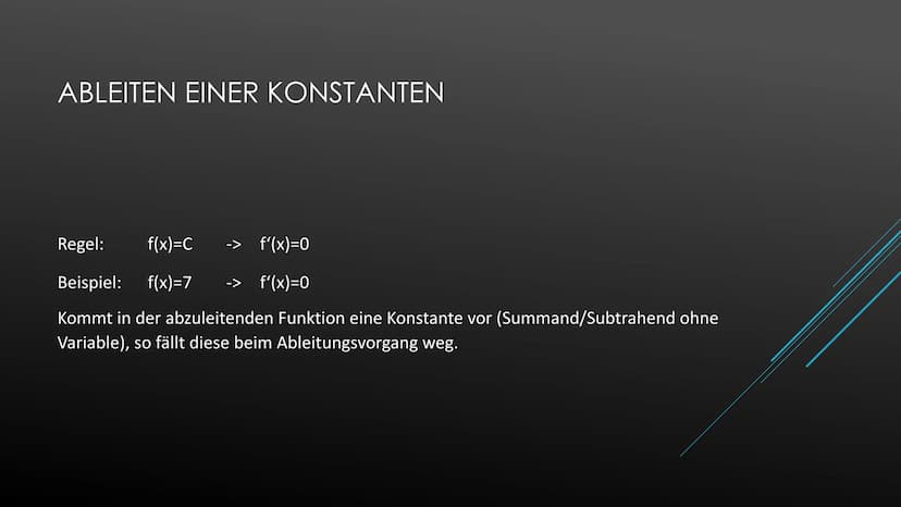 Ableiten einer Konstanten
Beispiel:
Ableiten der Variablen
Beispiel:
Potenzregel
Beispiel:
Summenregel
Beispiel:
Faktorregel
Beispiel:
Produ