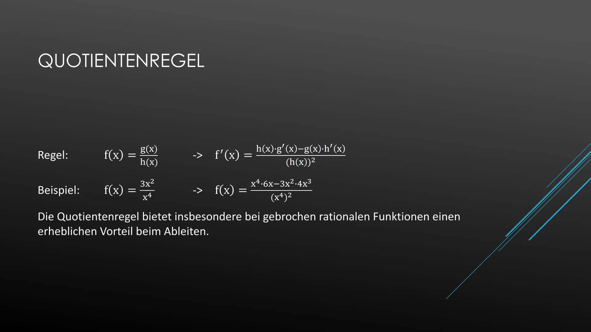 Ableiten einer Konstanten
Beispiel:
Ableiten der Variablen
Beispiel:
Potenzregel
Beispiel:
Summenregel
Beispiel:
Faktorregel
Beispiel:
Produ