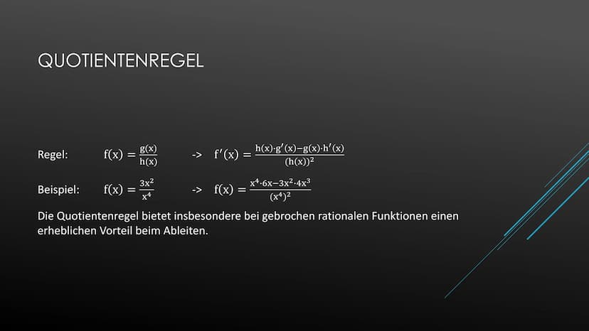 Ableiten einer Konstanten
Beispiel:
Ableiten der Variablen
Beispiel:
Potenzregel
Beispiel:
Summenregel
Beispiel:
Faktorregel
Beispiel:
Produ