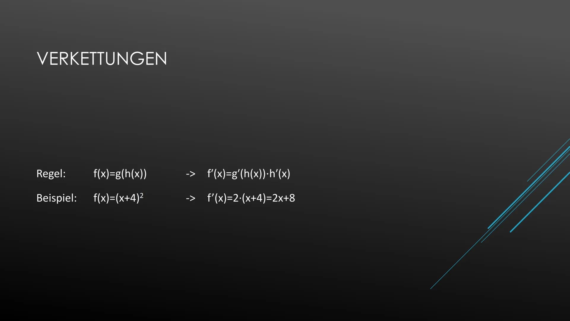 Ableiten einer Konstanten
Beispiel:
Ableiten der Variablen
Beispiel:
Potenzregel
Beispiel:
Summenregel
Beispiel:
Faktorregel
Beispiel:
Produ