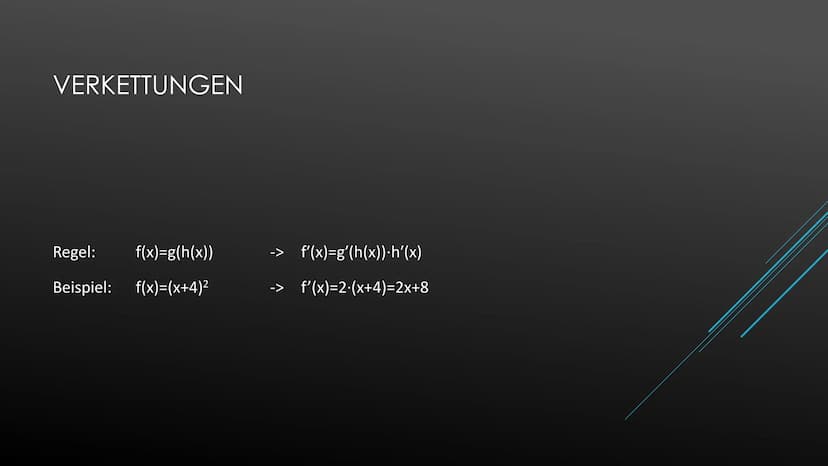 Ableiten einer Konstanten
Beispiel:
Ableiten der Variablen
Beispiel:
Potenzregel
Beispiel:
Summenregel
Beispiel:
Faktorregel
Beispiel:
Produ