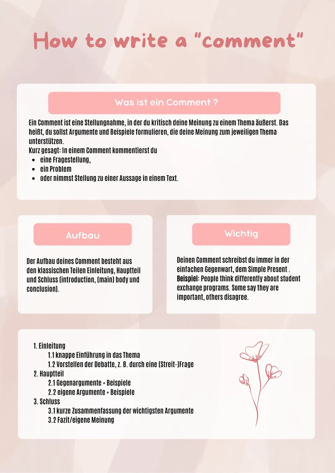 How to write a "comment"
Was ist ein Comment ?
Ein Comment ist eine Stellungnahme, in der du kritisch deine Meinung zu einem Thema äußerst. 