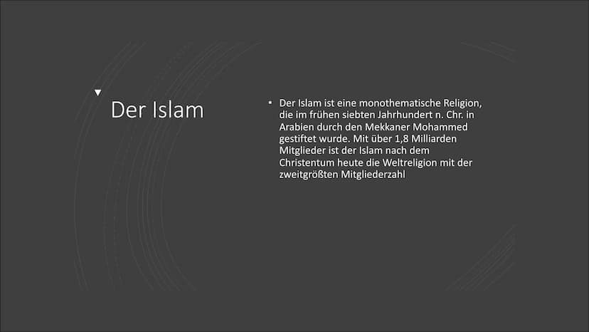 C
Der Islam
Hingabe an den einzigen Gott Inhalt
Allgemeines
• Gott = Allah
Der Koran
• Die 5 Säulen
Der Islam
Traditionen und Vorschriften
•