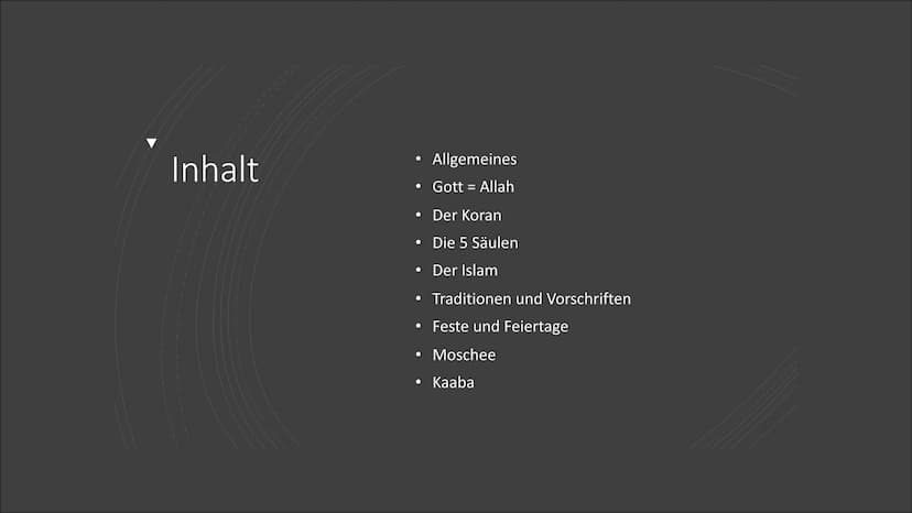 C
Der Islam
Hingabe an den einzigen Gott Inhalt
Allgemeines
• Gott = Allah
Der Koran
• Die 5 Säulen
Der Islam
Traditionen und Vorschriften
•