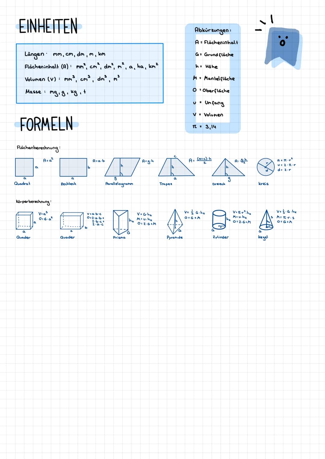 EINHEITEN
Längen mm, cm, dm, m, km
Flächeninhalt (A): mm², cm², dm², m² , a,
Volumen (V) : Mm³ cm³, dm³ m³
I
"
Masse:
FORMELN
Flächenberechn
