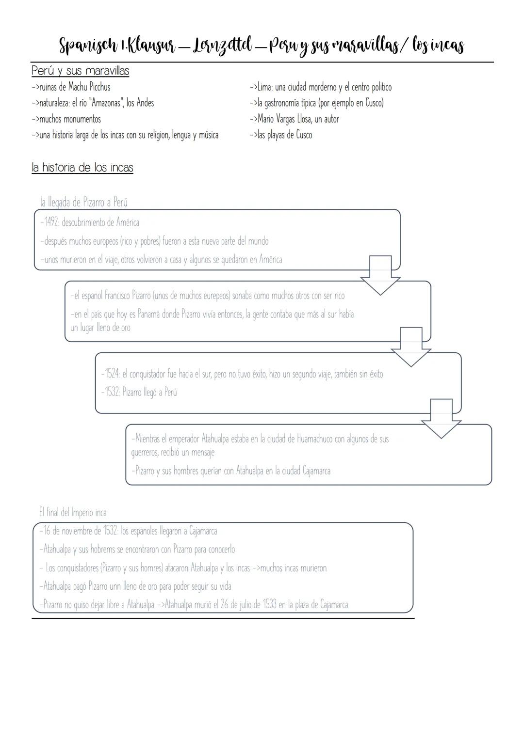Spanisch 1. Klausur — Lornzettel — Peru y sus maravillas/los incas
Perú y sus maravillas
->ruinas de Machu Picchus
->naturaleza: el río "Ama