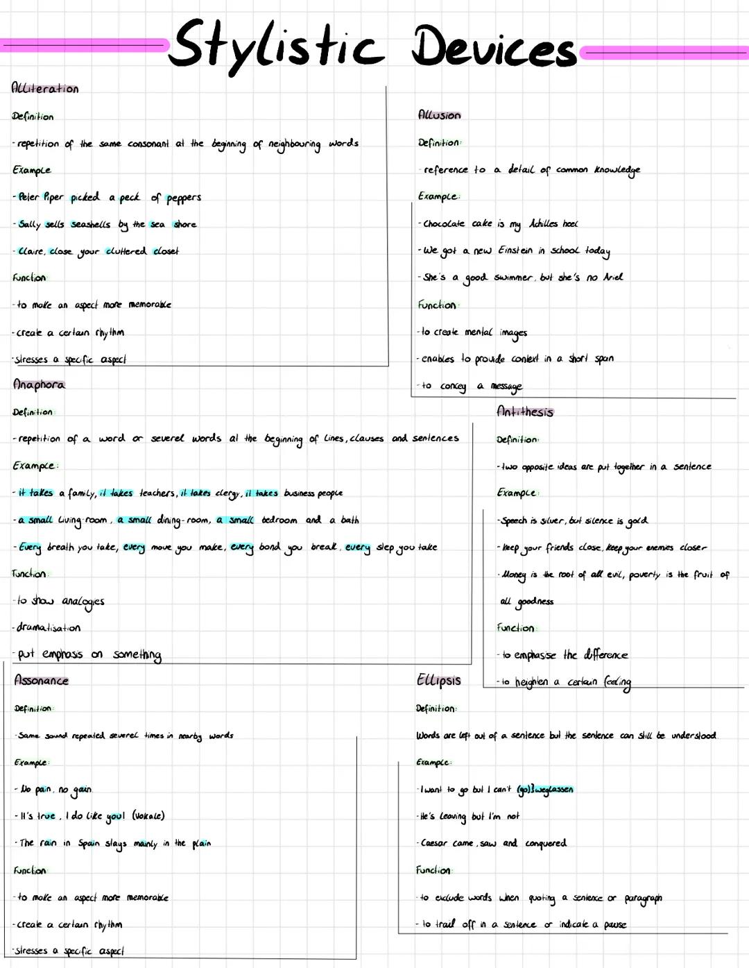 # Stylistic Devices

Alliteration

Definition

-repetition of the same consonant at the beginning of neighbouring words

Example

-Peler Pip