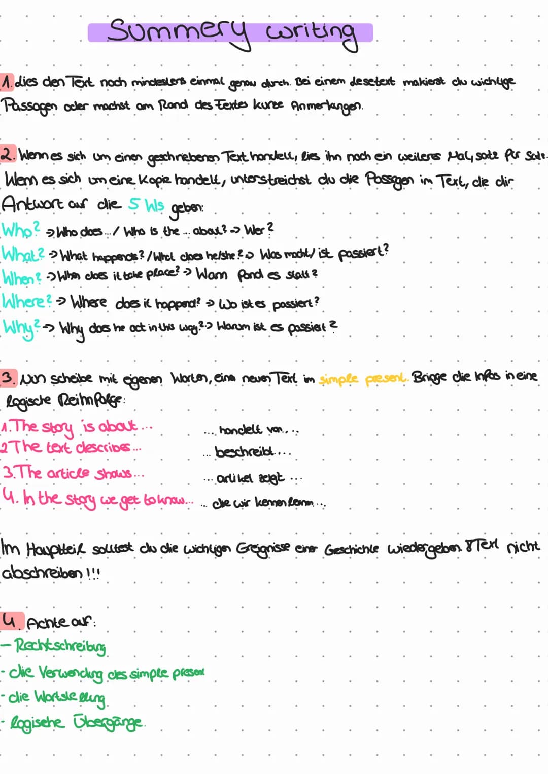 Summery writing
1. dies den Text noch mindestens einmal genow durch. Bei einem desetert makierst dlu wichtige
Passagen oder machst am Rand d