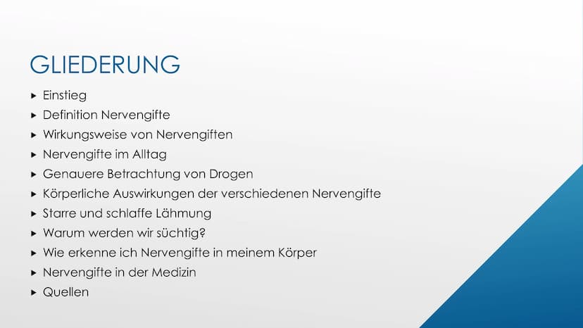 L
Nervengifte
Biologie GFS von Ayleen Poppe
Crt GLIEDERUNG
▸ Einstieg
▸ Definition Nervengifte
► Wirkungsweise von Nervengiften
▸ Nervengift