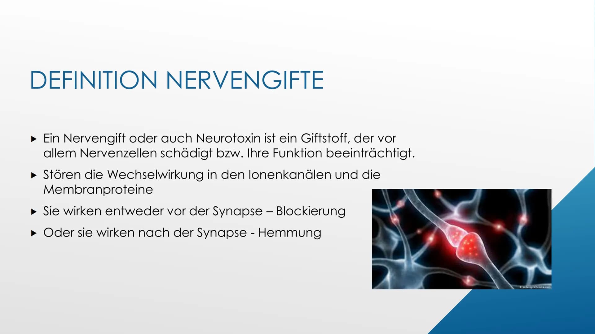 L
Nervengifte
Biologie GFS von Ayleen Poppe
Crt GLIEDERUNG
▸ Einstieg
▸ Definition Nervengifte
► Wirkungsweise von Nervengiften
▸ Nervengift