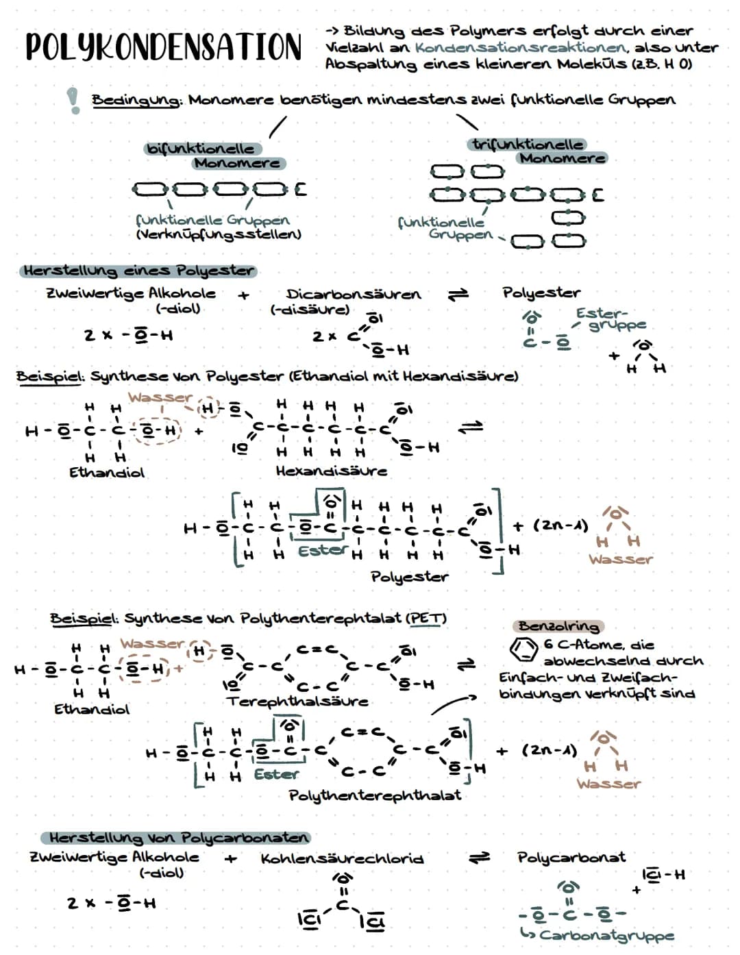 -> Bildung des Polymers erfolgt durch einer
Vielzahl an Kondensationsreaktionen, also unter
Abspaltung eines kleineren Moleküls (2.B. H 0)
B