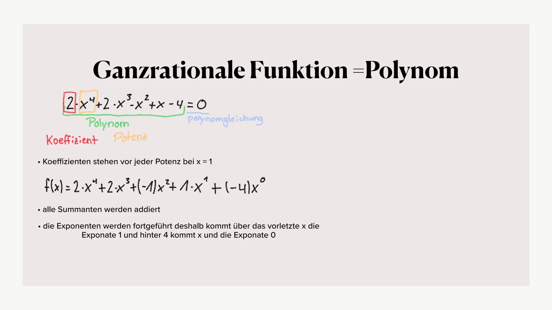 Ganzrationale
Funktionen
Polynomfunktionen
Von Jule Ayla Ganzrationale Funktion -Polynom
3 2
2-x²+2 ·x³²-x²+x - 4 = 0
Polynom
Koeffizient Po