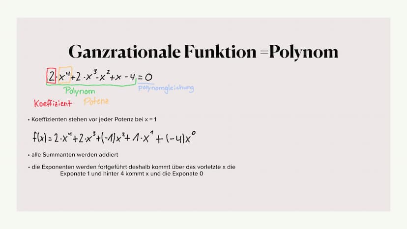 Ganzrationale
Funktionen
Polynomfunktionen
Von Jule Ayla Ganzrationale Funktion -Polynom
3 2
2-x²+2 ·x³²-x²+x - 4 = 0
Polynom
Koeffizient Po