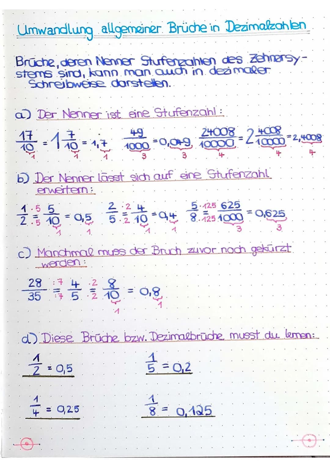 Umwandlung allgemeiner Brüche in Dezimalzahlen
Bruche, deren Nenner Stufenzahlen des Zehnoarsy-
stems sind, kann man auch in dezimaler
Schre