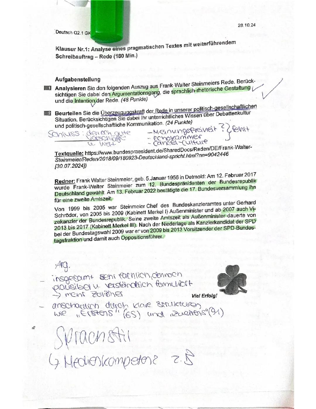 Deutsch Klausur Q1 Poilitische Reden und Debattenkultur