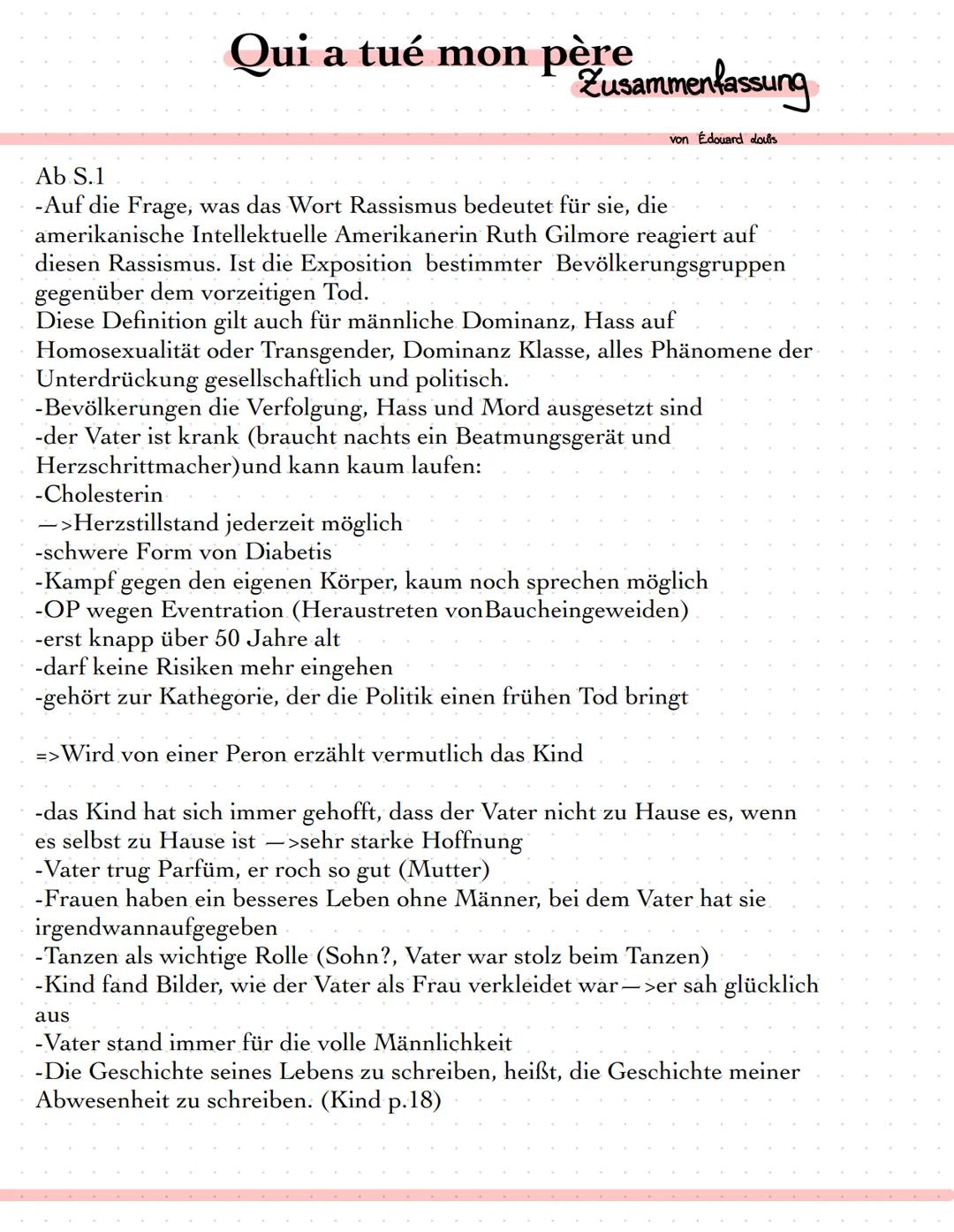 Qui a tué mon père
Zusammenfassung
von Édouard Louis
Ab S.1
-Auf die Frage, was das Wort Rassismus bedeutet für sie, die
amerikanische Intel