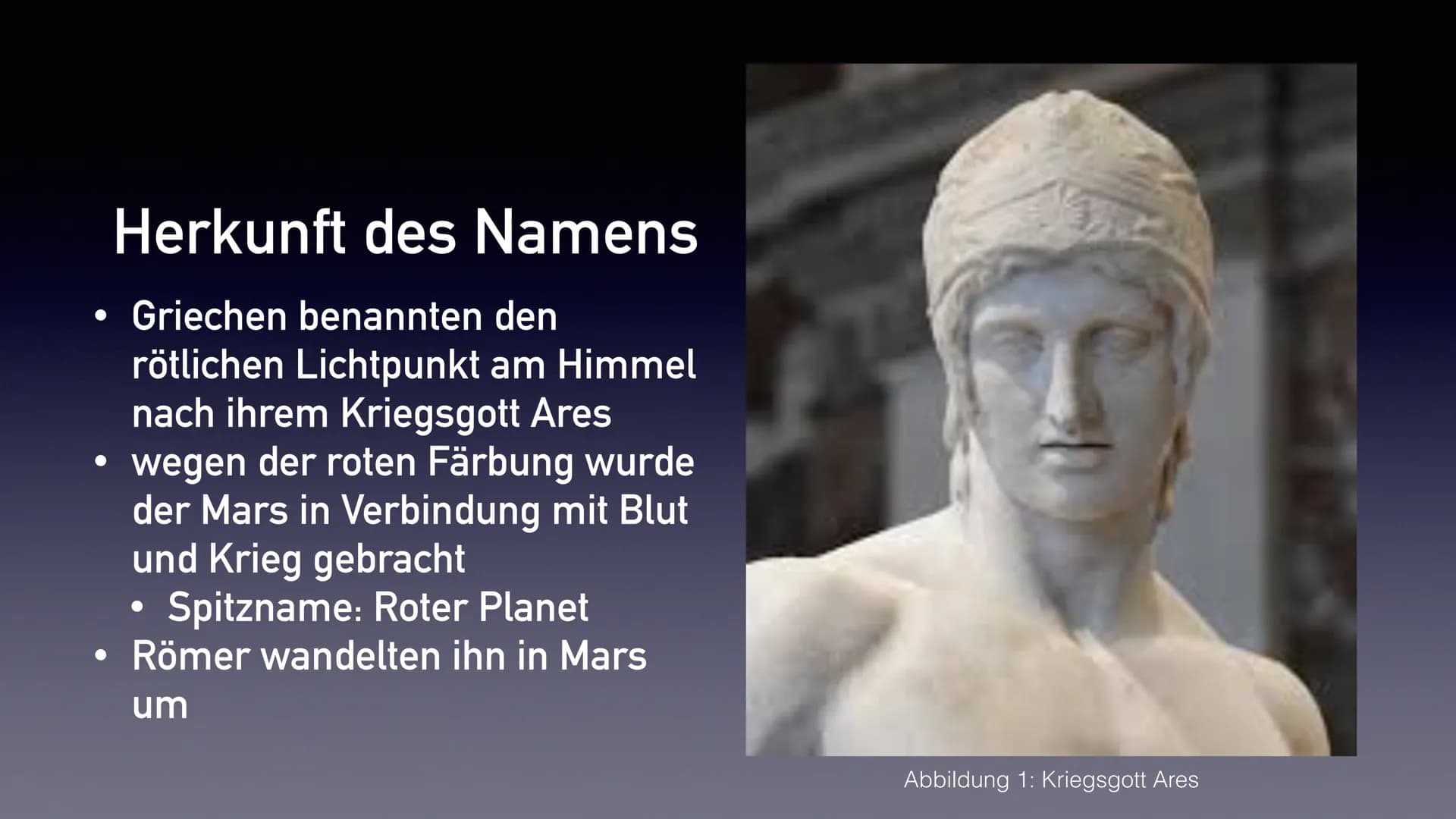 Der Mars
Präsentation von Emily Stoppel ●
●
Herkunft des Namens
allgemeine Angaben
• Marsmonde
• Aufbau & Atmosphäre
●
Vulkane und Polare
Kr