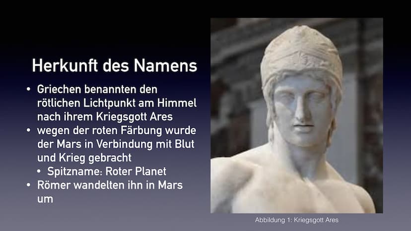 Der Mars
Präsentation von Emily Stoppel ●
●
Herkunft des Namens
allgemeine Angaben
• Marsmonde
• Aufbau & Atmosphäre
●
Vulkane und Polare
Kr