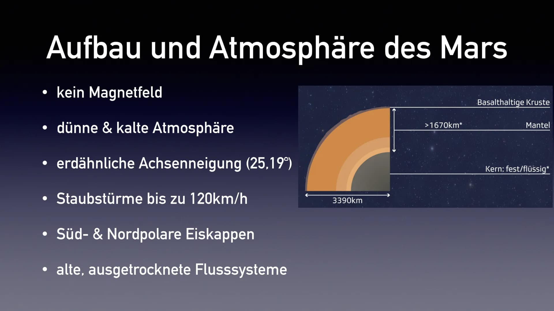 Der Mars
Präsentation von Emily Stoppel ●
●
Herkunft des Namens
allgemeine Angaben
• Marsmonde
• Aufbau & Atmosphäre
●
Vulkane und Polare
Kr