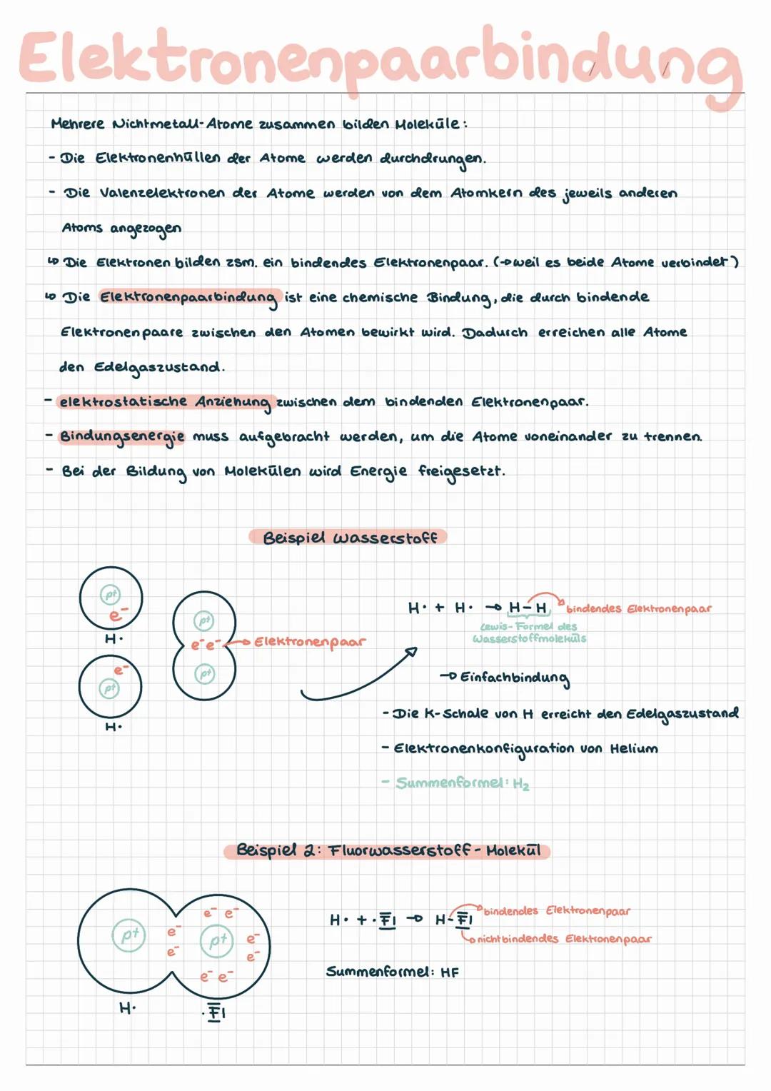 Elektronenpaarbindung
Mehrere Nichtmetall-Atome zusammen bilden Moleküle:
- Die Elektronenhüllen der Atome werden durchdrungen.
- Die Valenz
