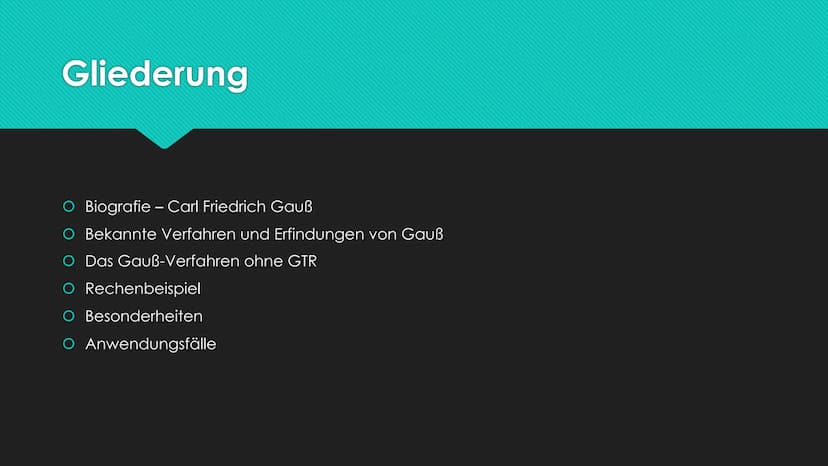 Das Gauß-Verfahren
Mathematik GFS - Kursstufe Gliederung
Biografie - Carl Friedrich Gauß
O Bekannte Verfahren und Erfindungen von Gauß
O Das