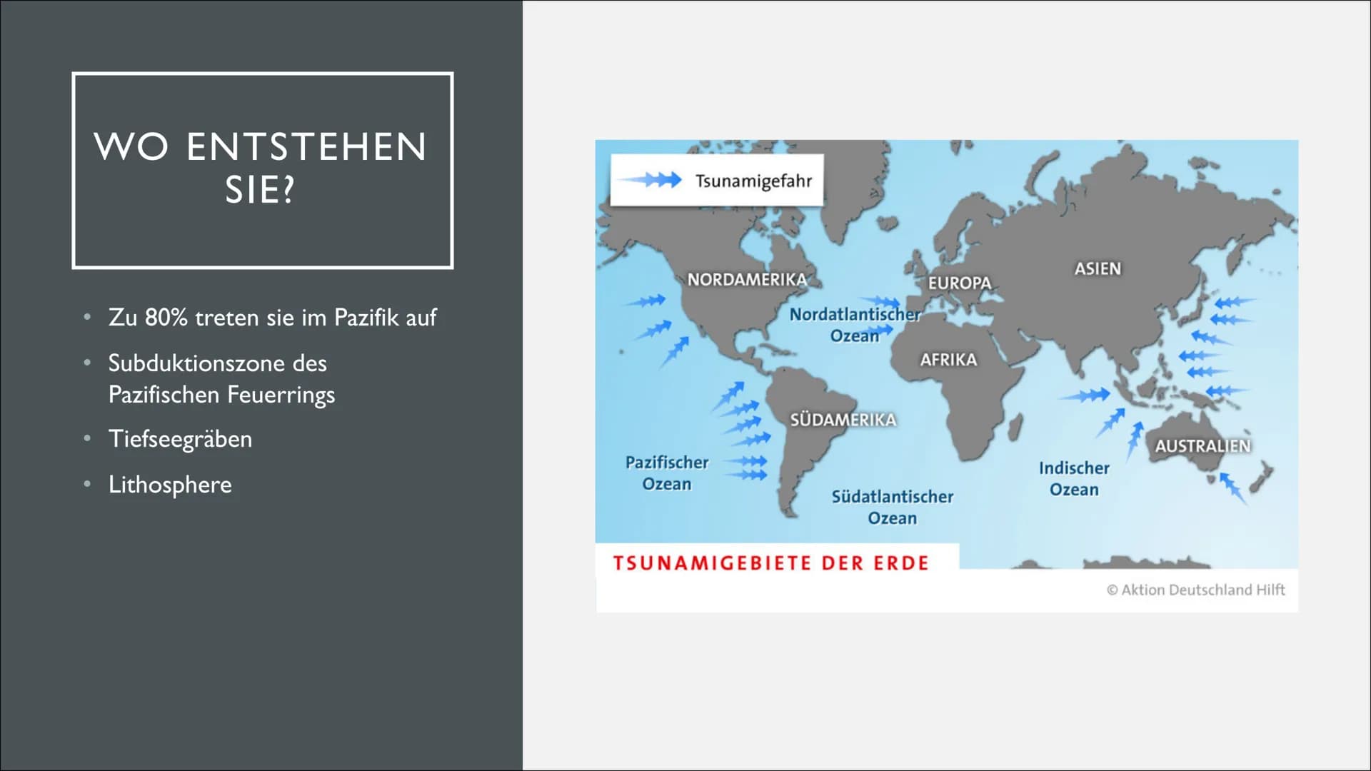 TSUNAMI O
O
-
•
INHALTSVERZEICHNIS
Was ist ein Tsunami?
Wie entstehen Tsunamis?
Vor dem Erdbeben
Während des Erdbebens
Nach dem Erdbeben
Wo 