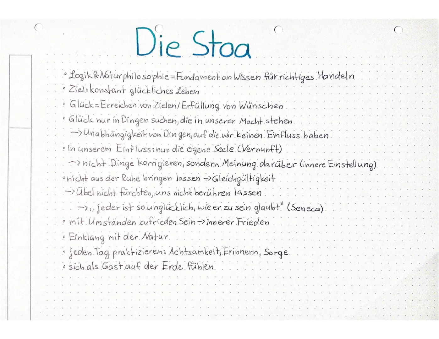 Die Stoa
Logik & Naturphilosophie = Fundament an Wissen für richtiges Handeln
Ziel: konstant glückliches Leben
• Glück=Erreichen von Zielen/