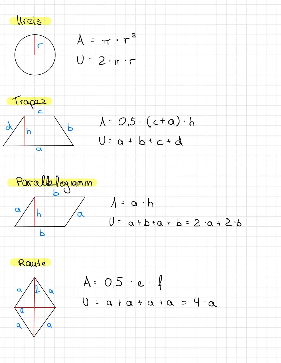 # Flächenberechnung

A Flächeninhalt

U Umfang

Quadrat

Q

A= a.a

U = a + a + a + a = 4. a

a

Rechteck

b

Dreieck

a

b

h

9

a

A = ab
