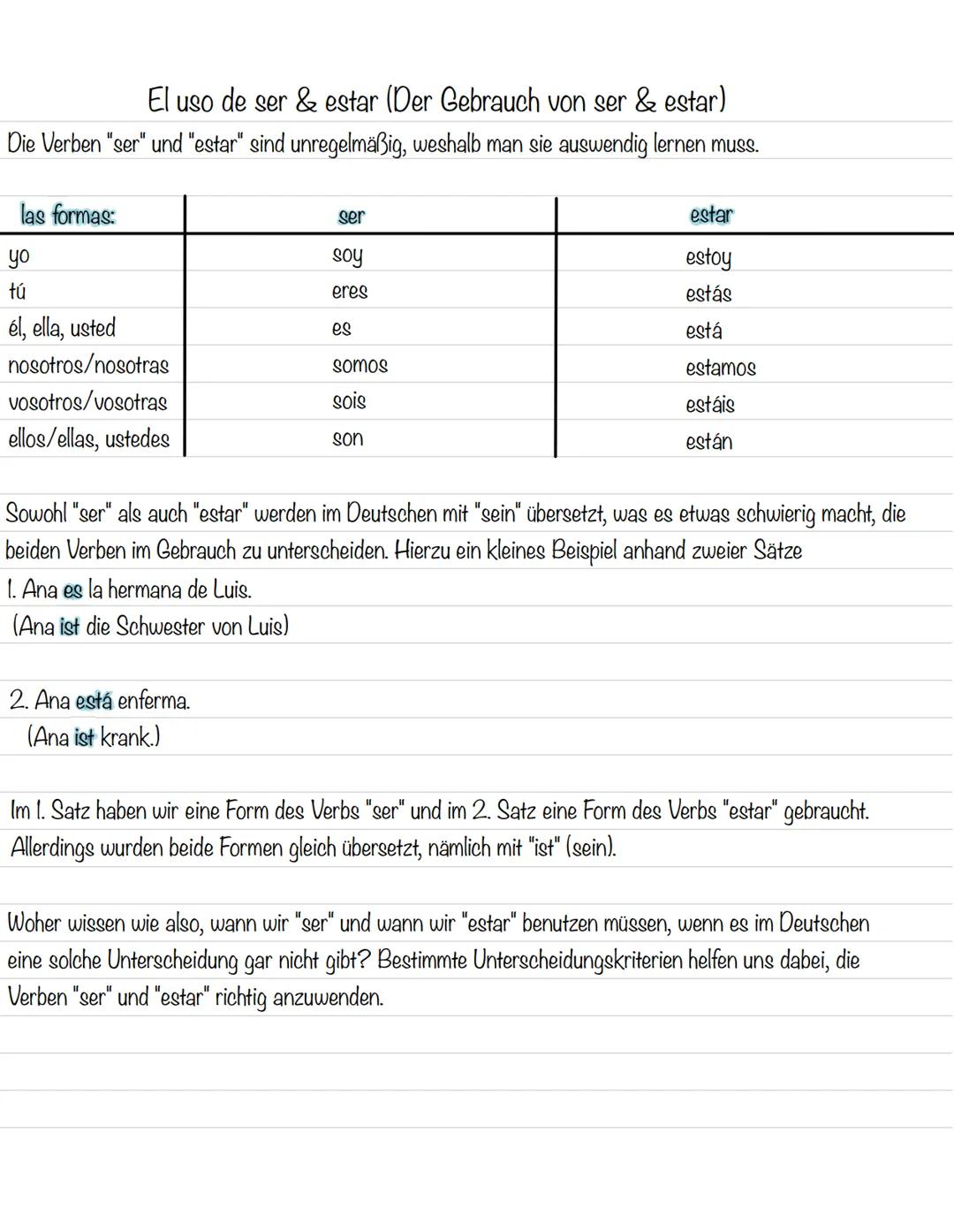 El uso de ser & estar (Der Gebrauch von ser & estar)
Die Verben "ser" und "estar" sind unregelmäßig, weshalb man sie auswendig lernen muss.
