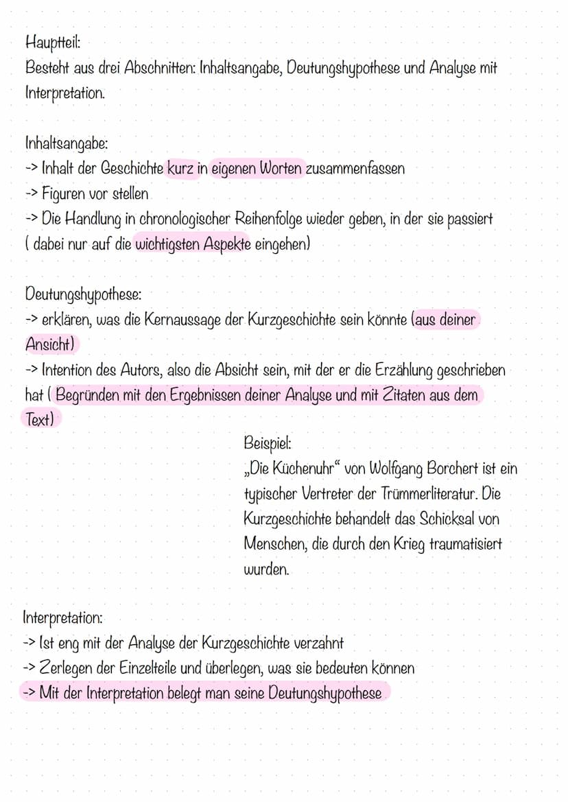 Kurzgeschichten interpretieren
1. Schritt: Vorbereitung
-> Text mehrmals durchlesen
-> Wichtige Stellen markieren und Notizen machen
Zeit: G