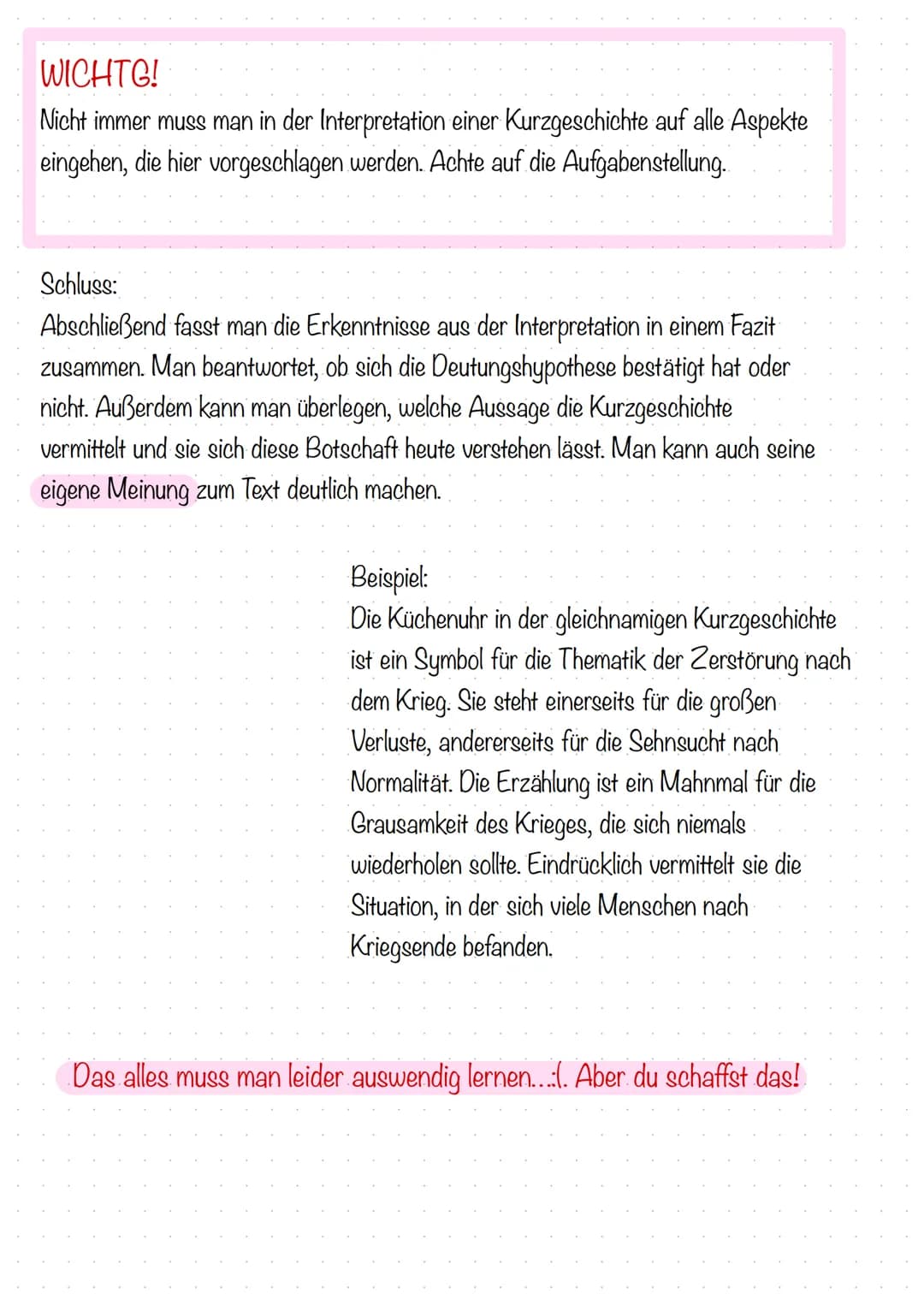 Kurzgeschichten interpretieren
1. Schritt: Vorbereitung
-> Text mehrmals durchlesen
-> Wichtige Stellen markieren und Notizen machen
Zeit: G