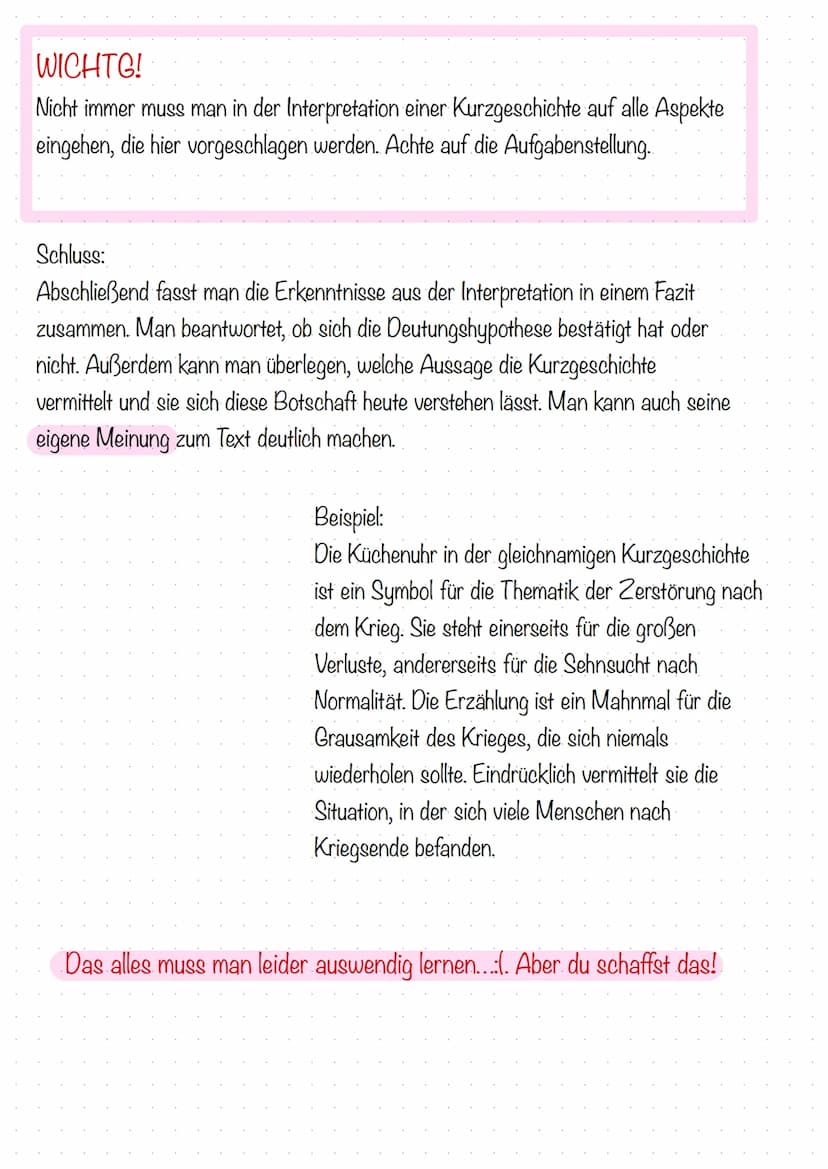 Kurzgeschichten interpretieren
1. Schritt: Vorbereitung
-> Text mehrmals durchlesen
-> Wichtige Stellen markieren und Notizen machen
Zeit: G