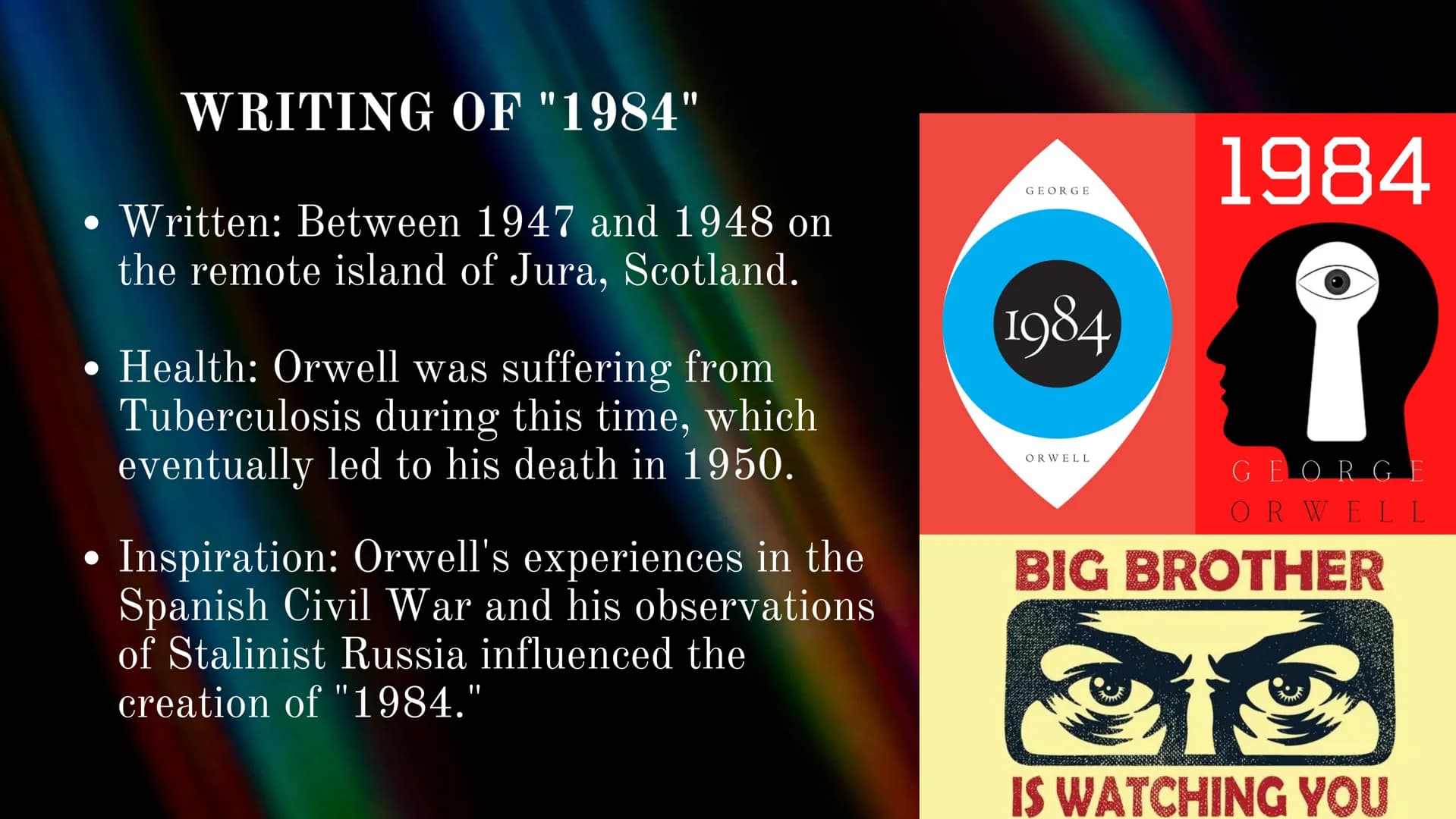"1984"
GEORGE ORWELL
PRESENTATION PREPARED BY
SHYROKOVA YEVHENIIA • Real name: Eric Arthur Blair
• Born: June 25, 1903, in Motihari, India.
