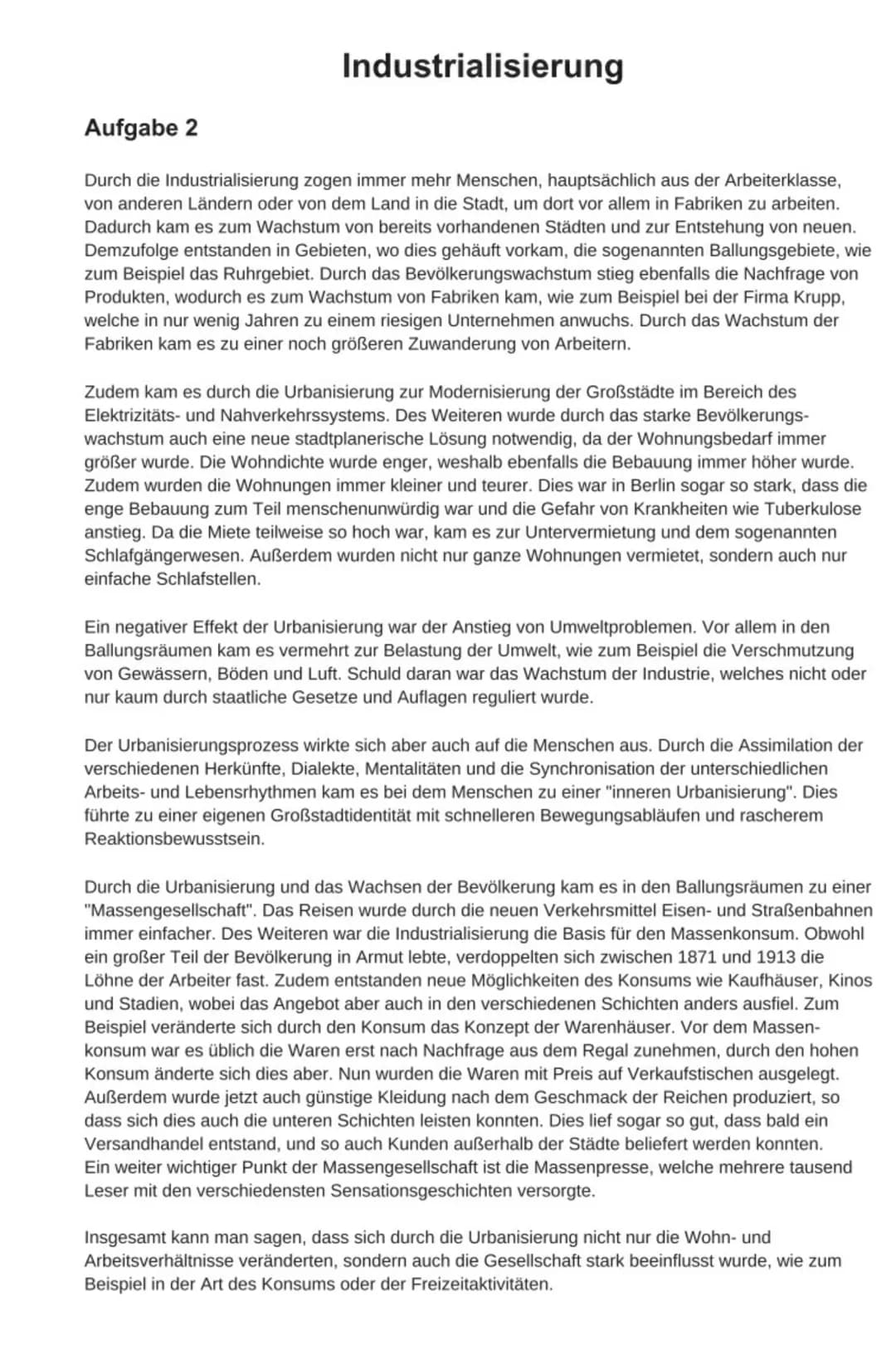 Industrialisierung
Aufgabe 2
Durch die Industrialisierung zogen immer mehr Menschen, hauptsächlich aus der Arbeiterklasse,
von anderen Lände