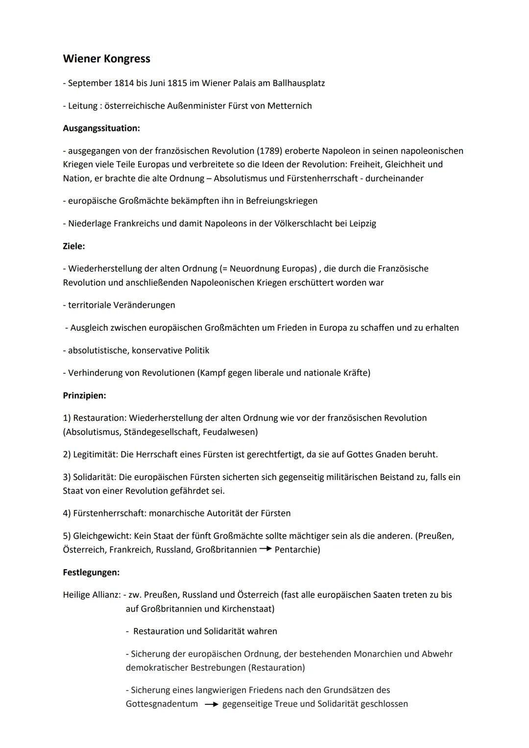 # Wiener Kongress

- September 1814 bis Juni 1815 im Wiener Palais am Ballhausplatz
- Leitung: österreichische Außenminister Fürst von Mette