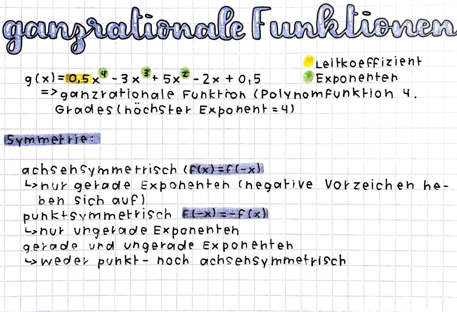 gangrationale Funktionen
Leitkoeffizient
Exponenter
g(x) = 0,5x²-3x³ + 5x² - 2x + 0,5
=> ganzrationale Funktion (Polynomfunktion 4.
Grades (