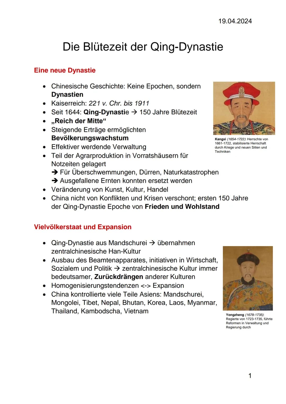 19.04.2024
Die Blütezeit der Qing-Dynastie
Eine neue Dynastie
• Chinesische Geschichte: Keine Epochen, sondern
Dynastien
•
•
Kaiserreich: 22