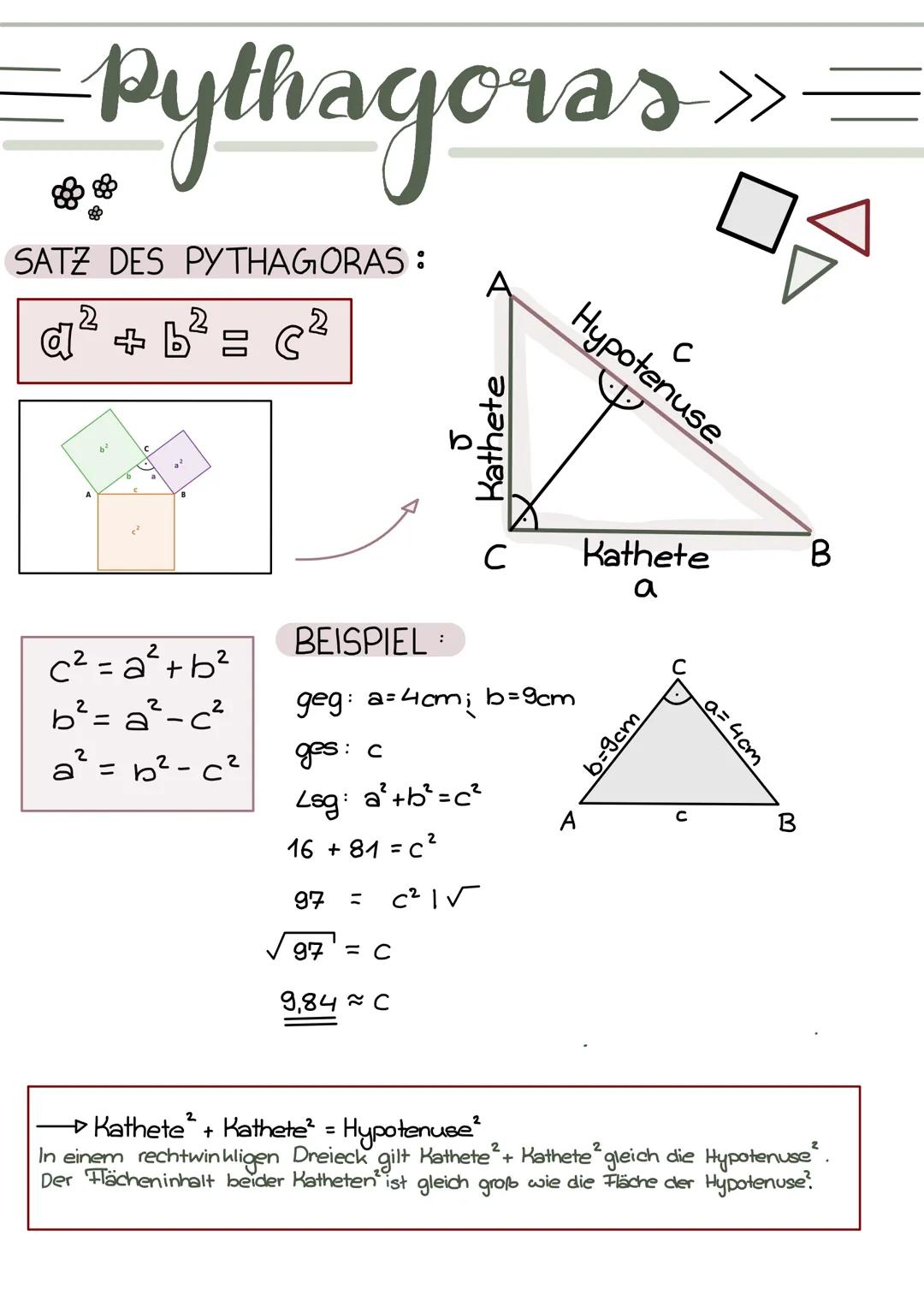Pythagoras
SATZ DES PYTHAGORAS:
2
2
2
a² + b² = c²
C
D
c²=a²+b²
b²=a²-c²
a²=b²c²
a
2
S
:
Kathete
BEISPIEL
geg:
ges: c
Lag: a³ +b²=c²
16 +81 