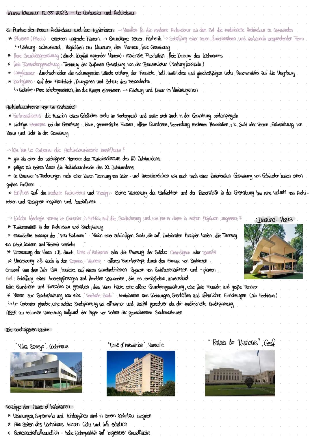 Kunst Klausur 12.05.2023 - Le Corbusier und Architektur
5 Punkte der neuen Architektur und ihre Funktionen - Manifest für die moderne, Archi