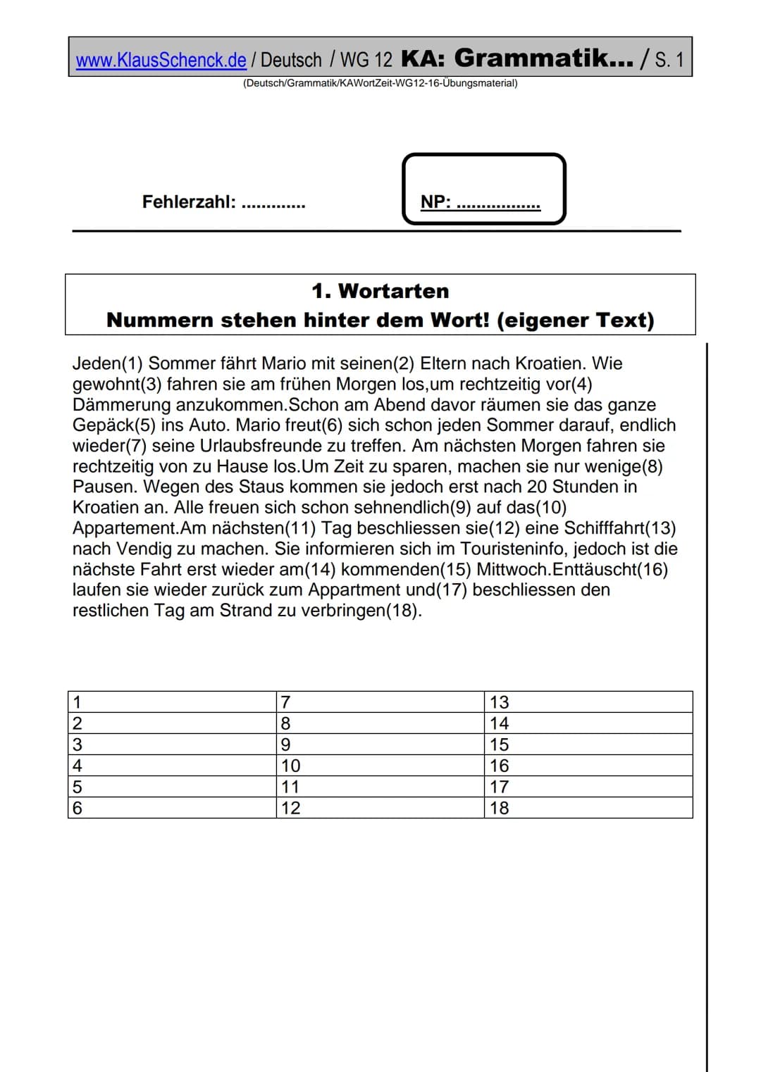 www.KlausSchenck.de / Deutsch / WG 12 KA: Grammatik... / S. 1
(Deutsch/Grammatik/KAWortZeit-WG12-16-Übungsmaterial)
Fehlerzahl:
1. Wortarten