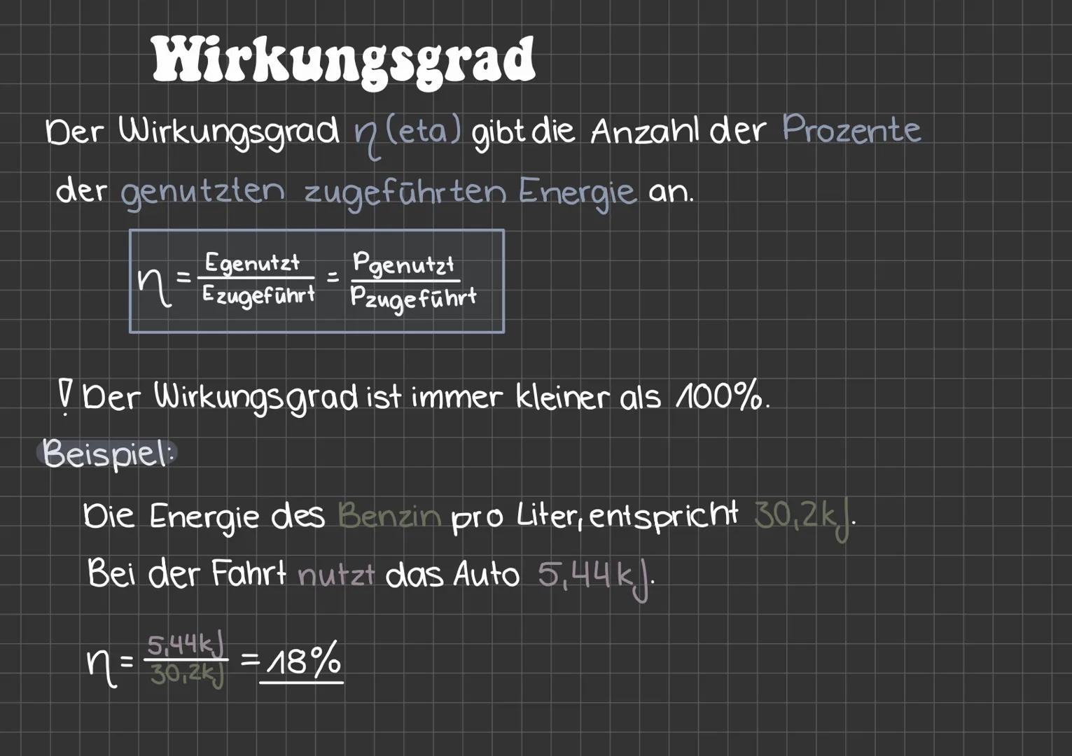 Wirkungsgrad
Der Wirkungsgrad n (eta) gibt die Anzahl der Prozente
der genutzten zugeführten Energie an.
Egenutzt
Pgenutzt
n = Ezugeführt Pz