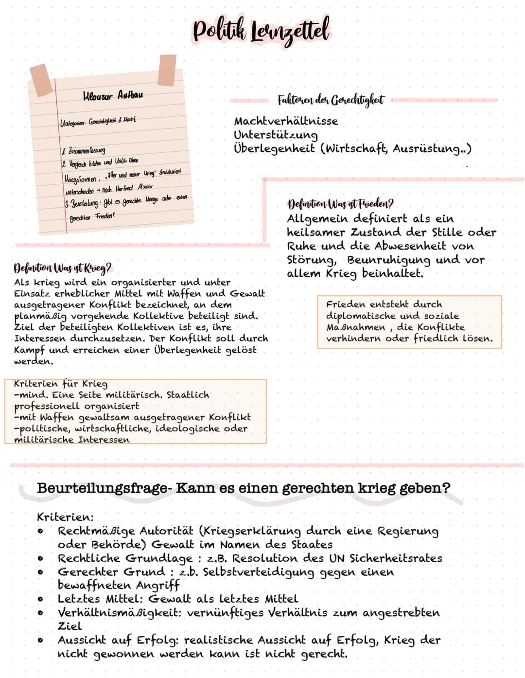 Klausur Autbau
Uategorien: Gerechtigkeit & Mach!
1. Zusammenfassung
2. Vergleich bilden und Unitike üben
Kriegsformen, aller und newer Unieg